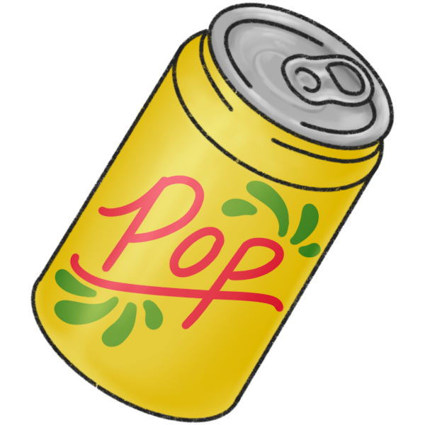 a yellow can with 'pop' written in red, with green accents.